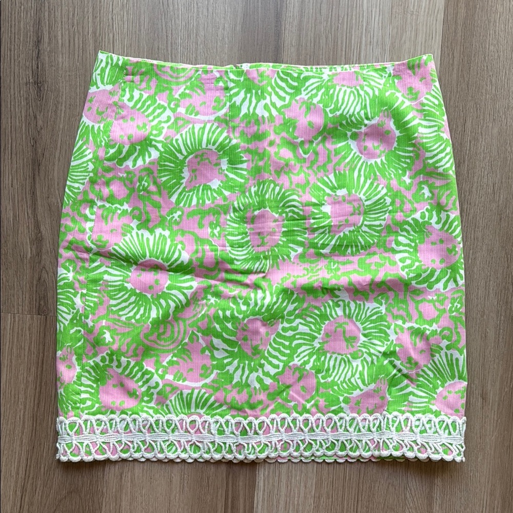 Lilly Pulitzer Green and Pink Mini Pencil Skirt with Embellishments